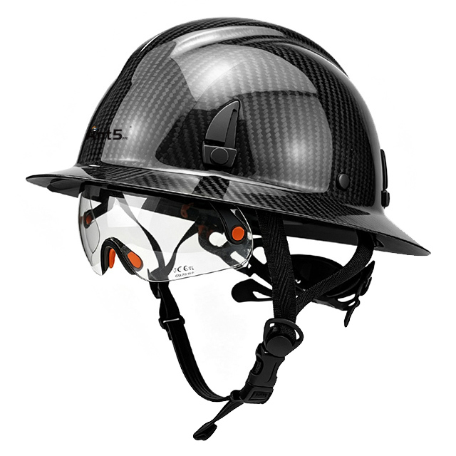 SNHF01 carbon fiber safety helmet front side view with chin strap and protective eyewear