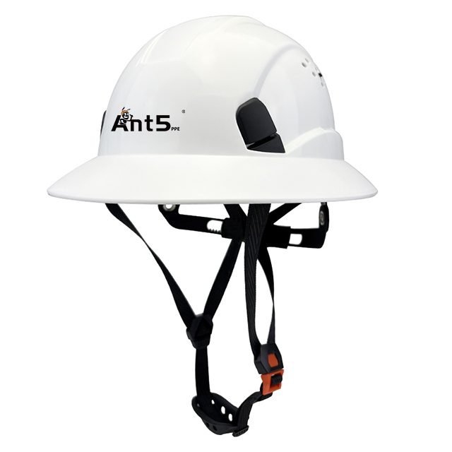 SNHL7 ANSI Type II Full Brim Hard Hat front side view with 4-point suspension and chin strap