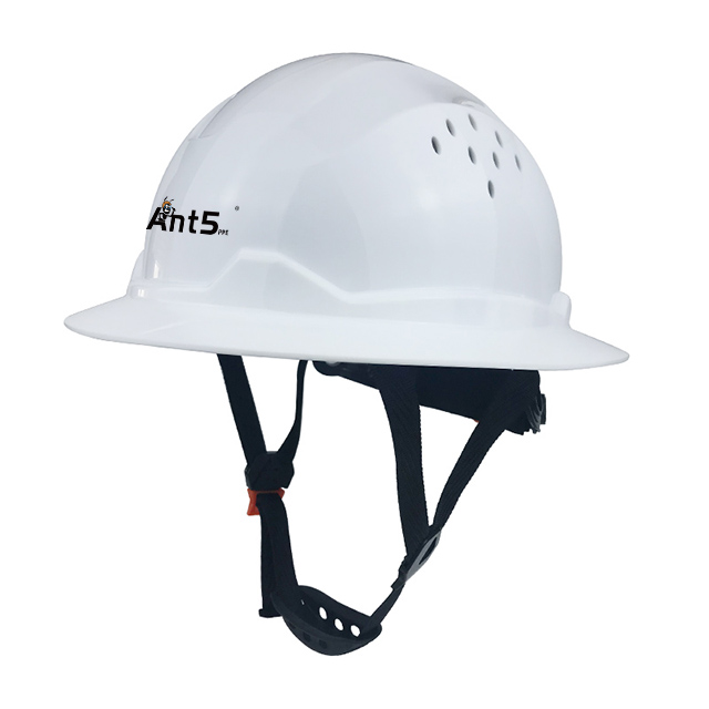 SNHL9 ANSI Type I Full Brim Hard Hat front side view with chin strap and 6-point suspension